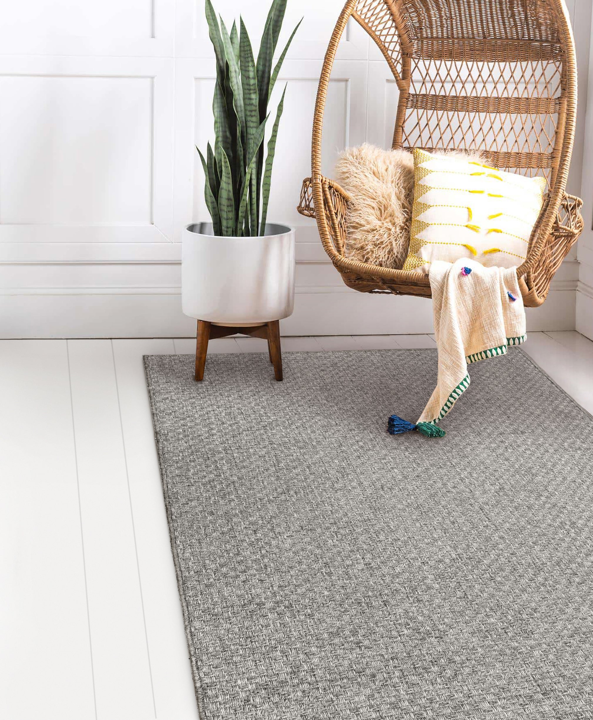 Basket Weave Silver Cloud Indoor-Outdoor Area Rug | Avocado Decor